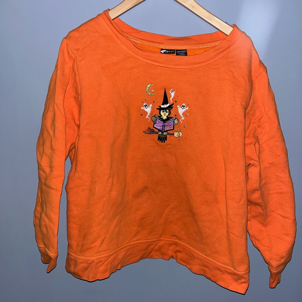 Holiday Editions Orange Halloween‎ Sweatshirt Embroidered Owl Witch XL
